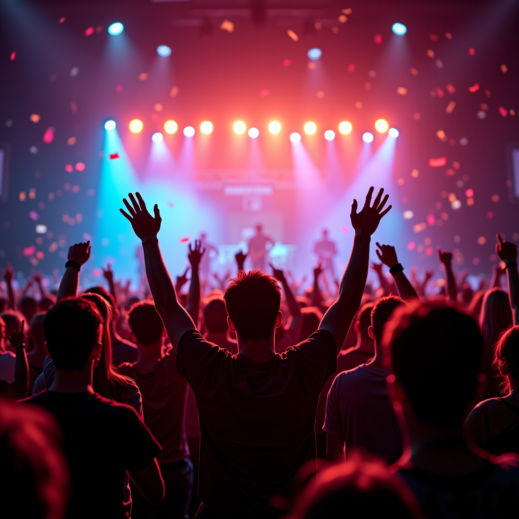 Excited crowd at a live music concert with colorful stage lighting and confetti