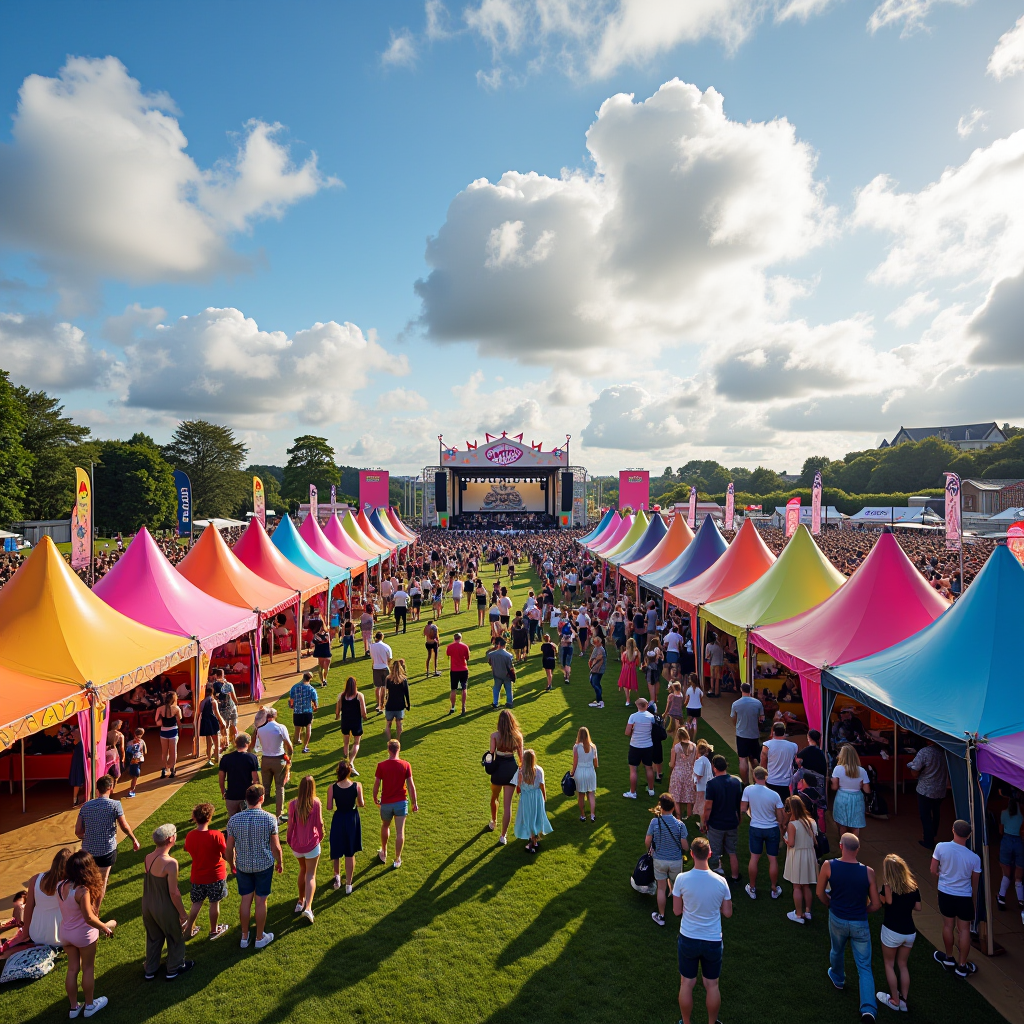Galway Arts Festival grounds featuring vibrant colorful tents, outdoor performance stages, and crowds of attendees enjoying music and art installations during the summer festival in Galway Ireland