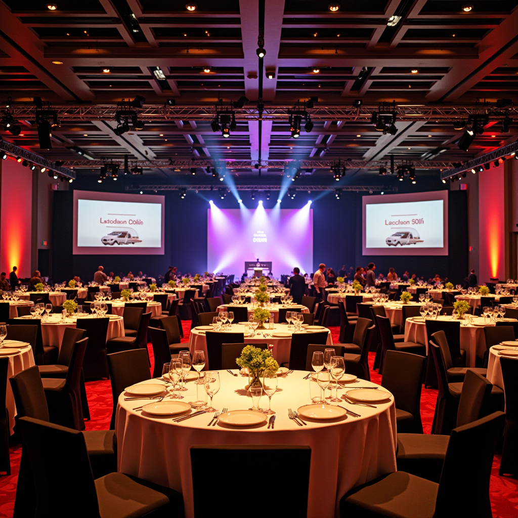 Professional conference hall in Dublin with elegant table settings, stage lighting, and corporate attendees networking at a business gala event