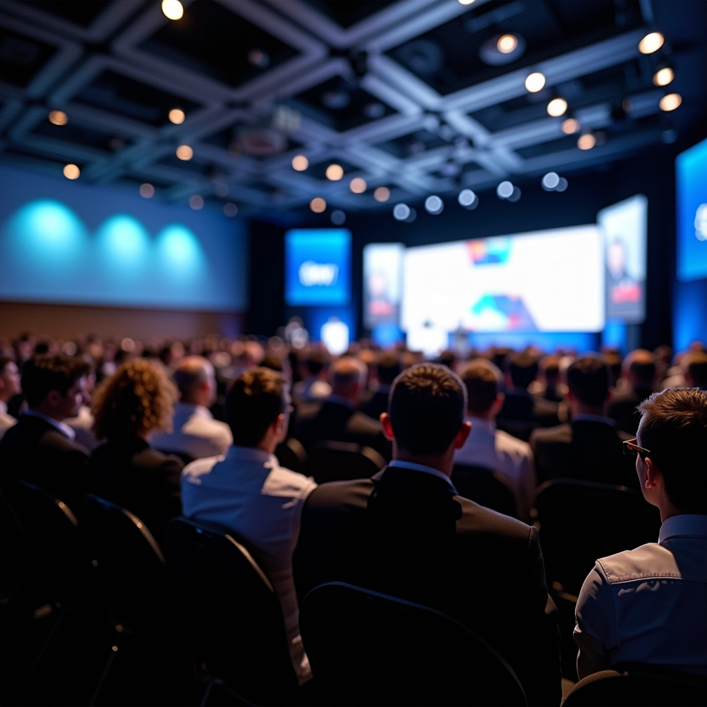 Professional conference event in Dublin with business attendees seated in a modern convention center with stage lighting and corporate branding