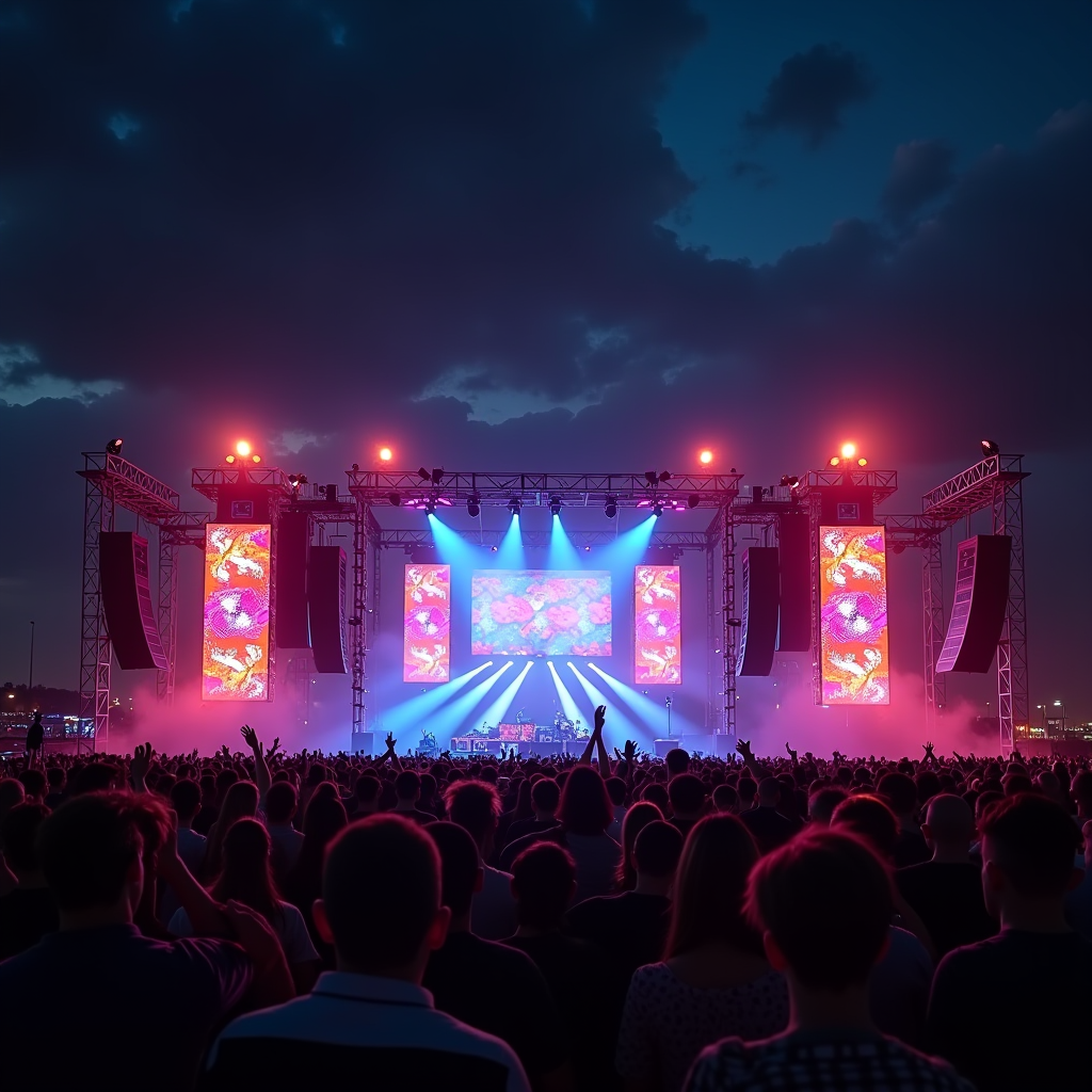 Vibrant music festival stage setup with colorful LED lights, massive speaker arrays, and an energetic crowd under a night sky