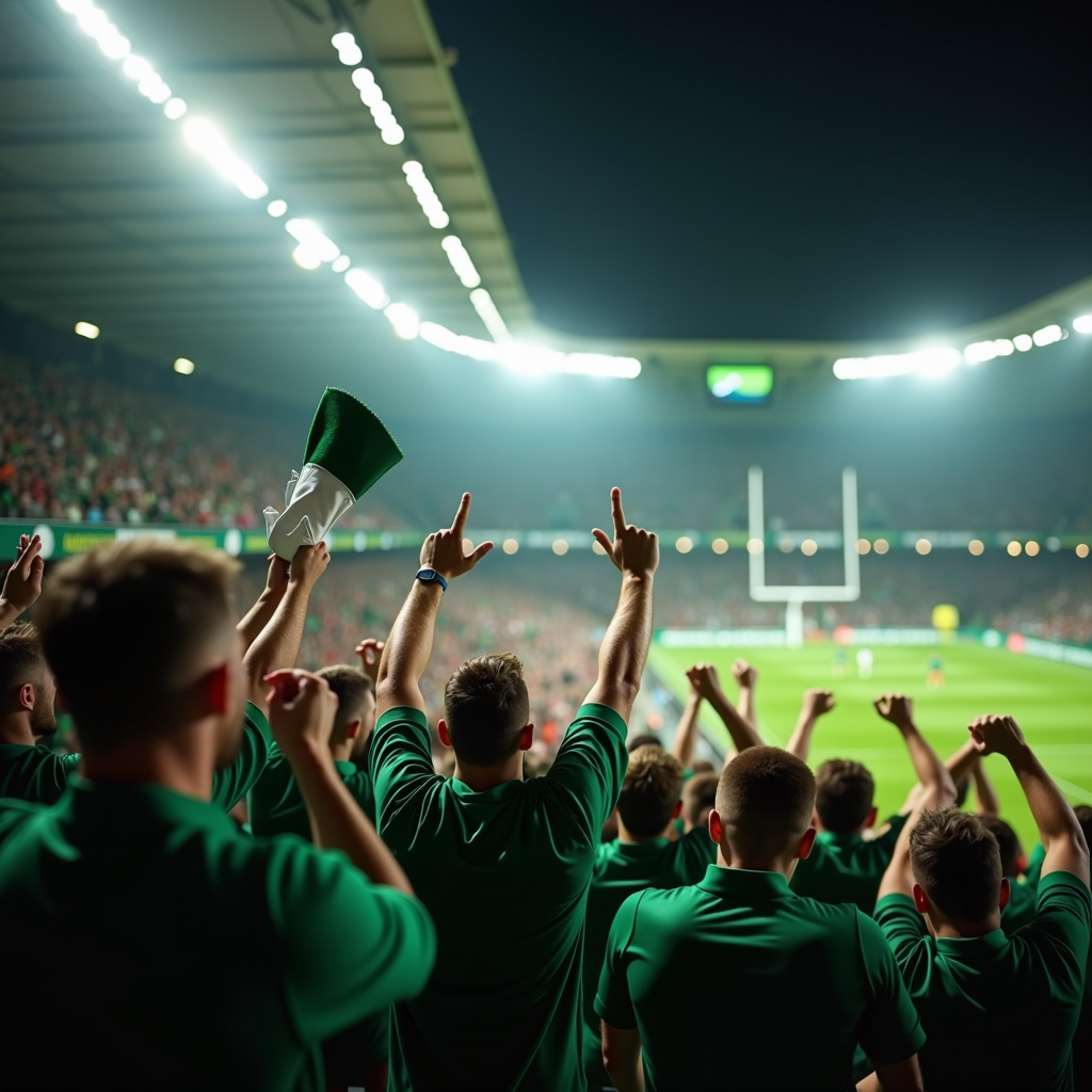 Dynamic action shot of a packed stadium crowd cheering during an Irish rugby match with green jerseys and scarves waving in the stands under bright floodlights