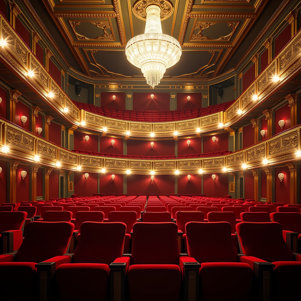 Elegant interior of a historic Dublin theatre featuring ornate gilded balconies, red velvet seating, and a grand crystal chandelier illuminating the auditorium