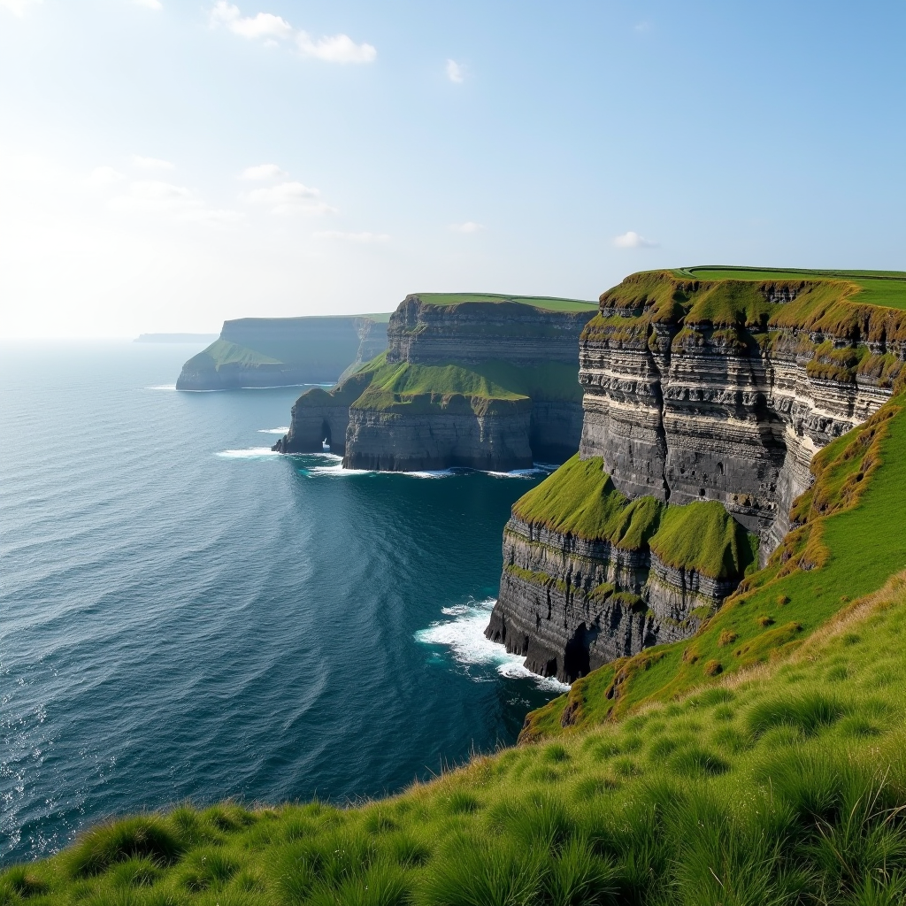 Panoramic view of the Cliffs of Moher in County Clare, Ireland, showing dramatic limestone cliffs rising above the Atlantic Ocean with lush green landscape
