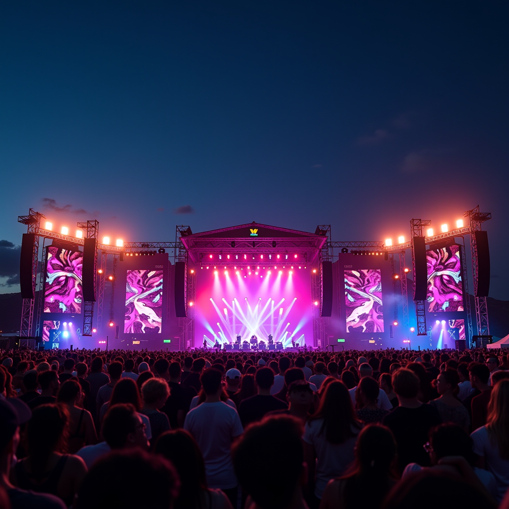 Vibrant music festival stage with colorful LED lights, massive speaker stacks, and an energetic crowd enjoying a live performance under the night sky