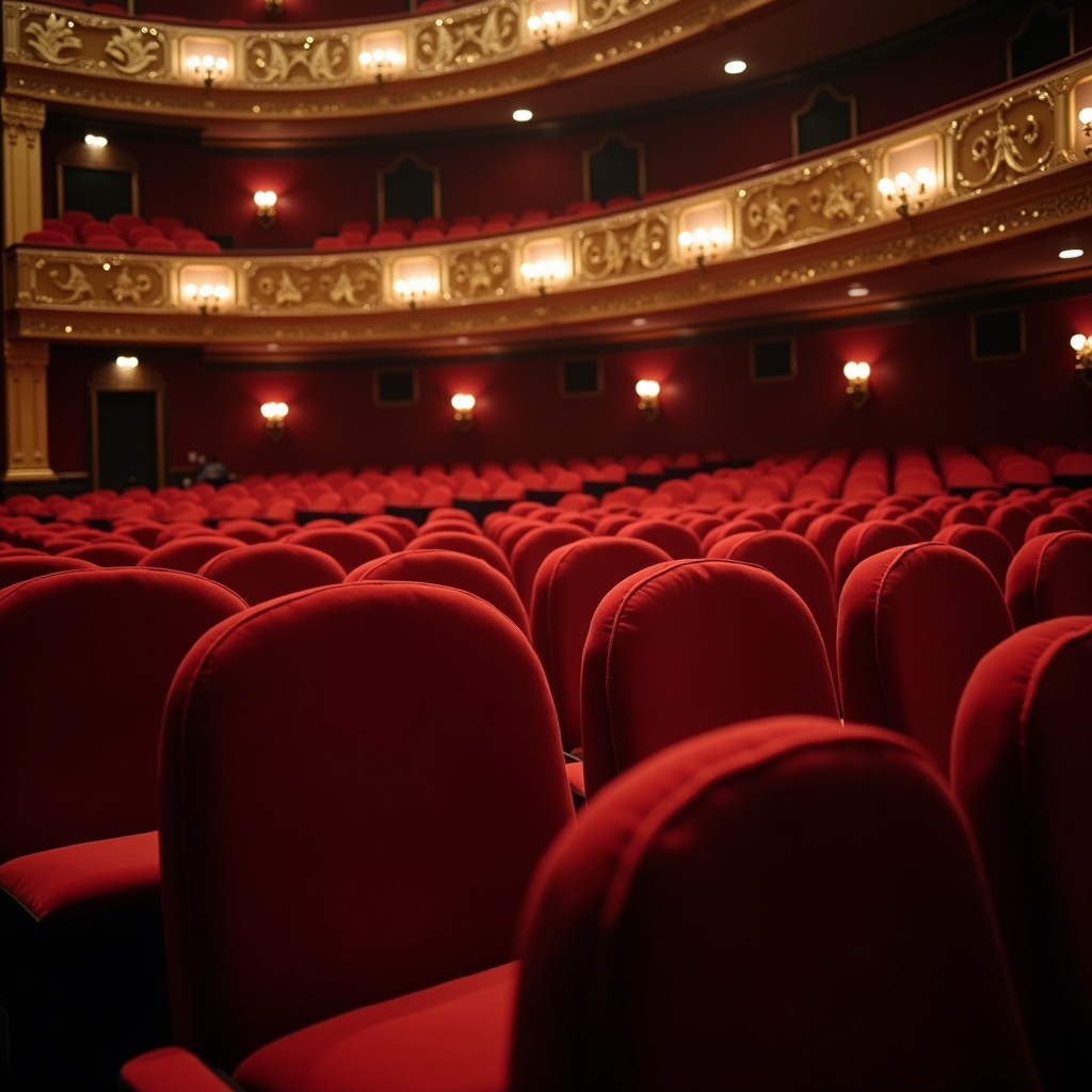Elegant theatre interior with red velvet seats and ornate gold decorations before a performance