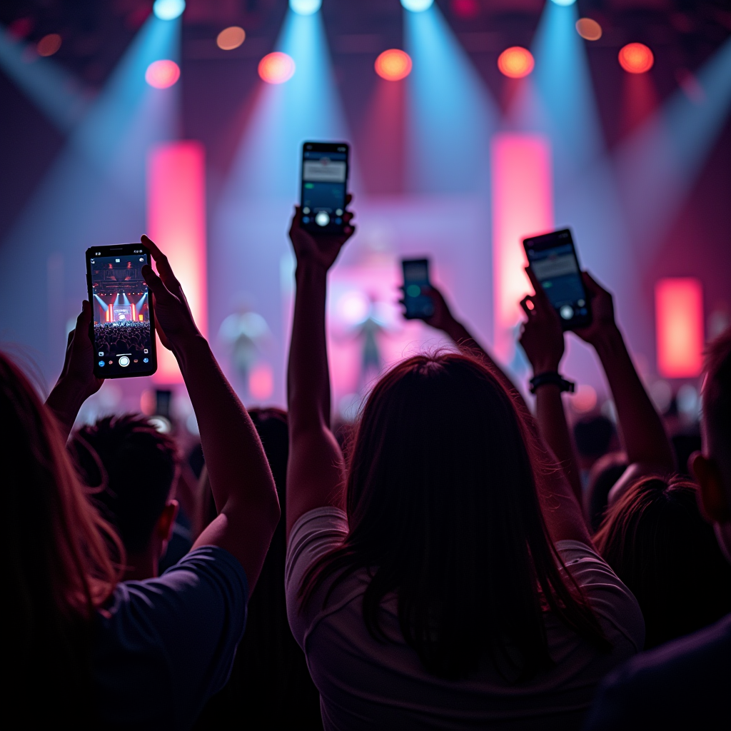 Group of happy friends at a live event holding up their phones with digital tickets displayed