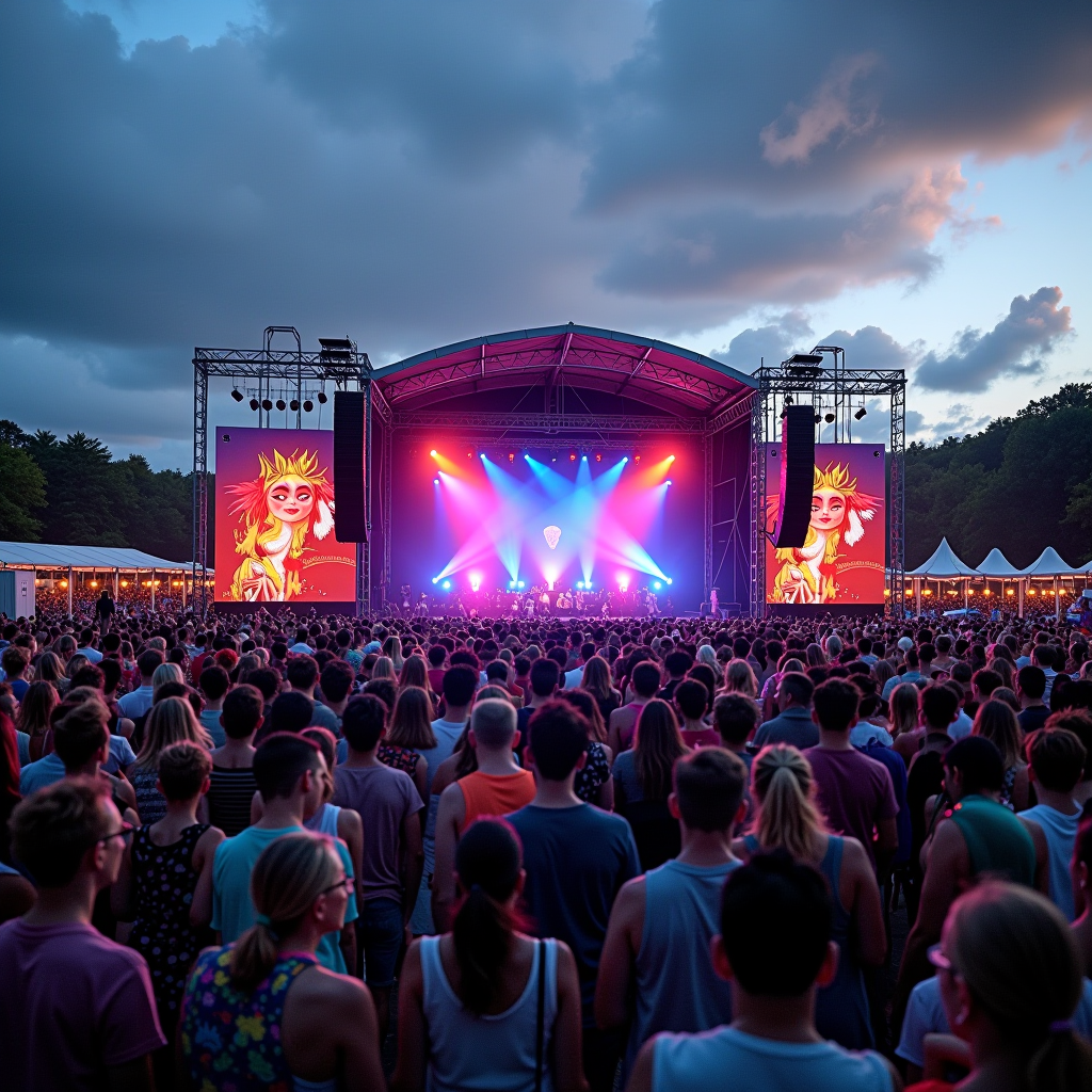 Vibrant outdoor festival grounds at the Galway Arts Festival with colorful stage lights, large crowds of music and art lovers, and artistic installations under a summer sky