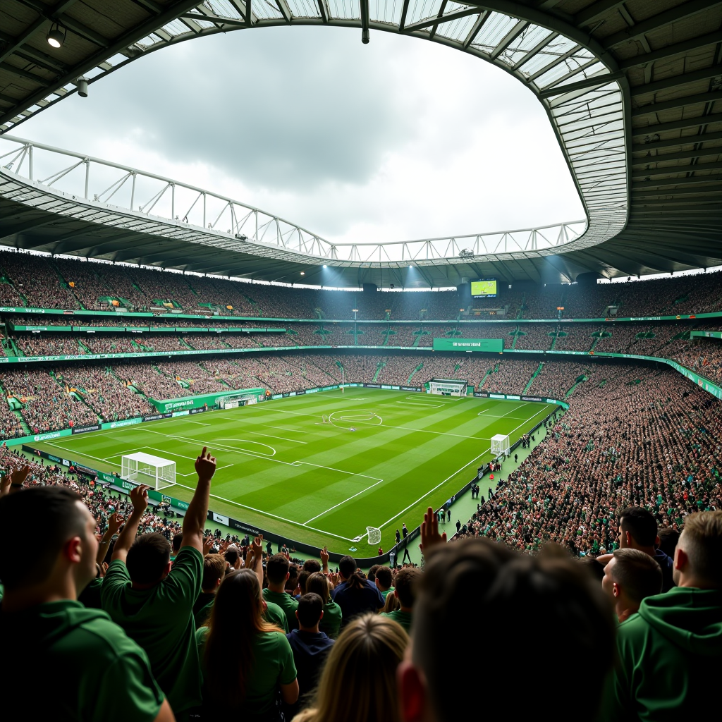 High-energy photograph of Croke Park stadium packed with enthusiastic fans during a hurling match, showing the electric atmosphere with green and white team colors and a full crowd cheering